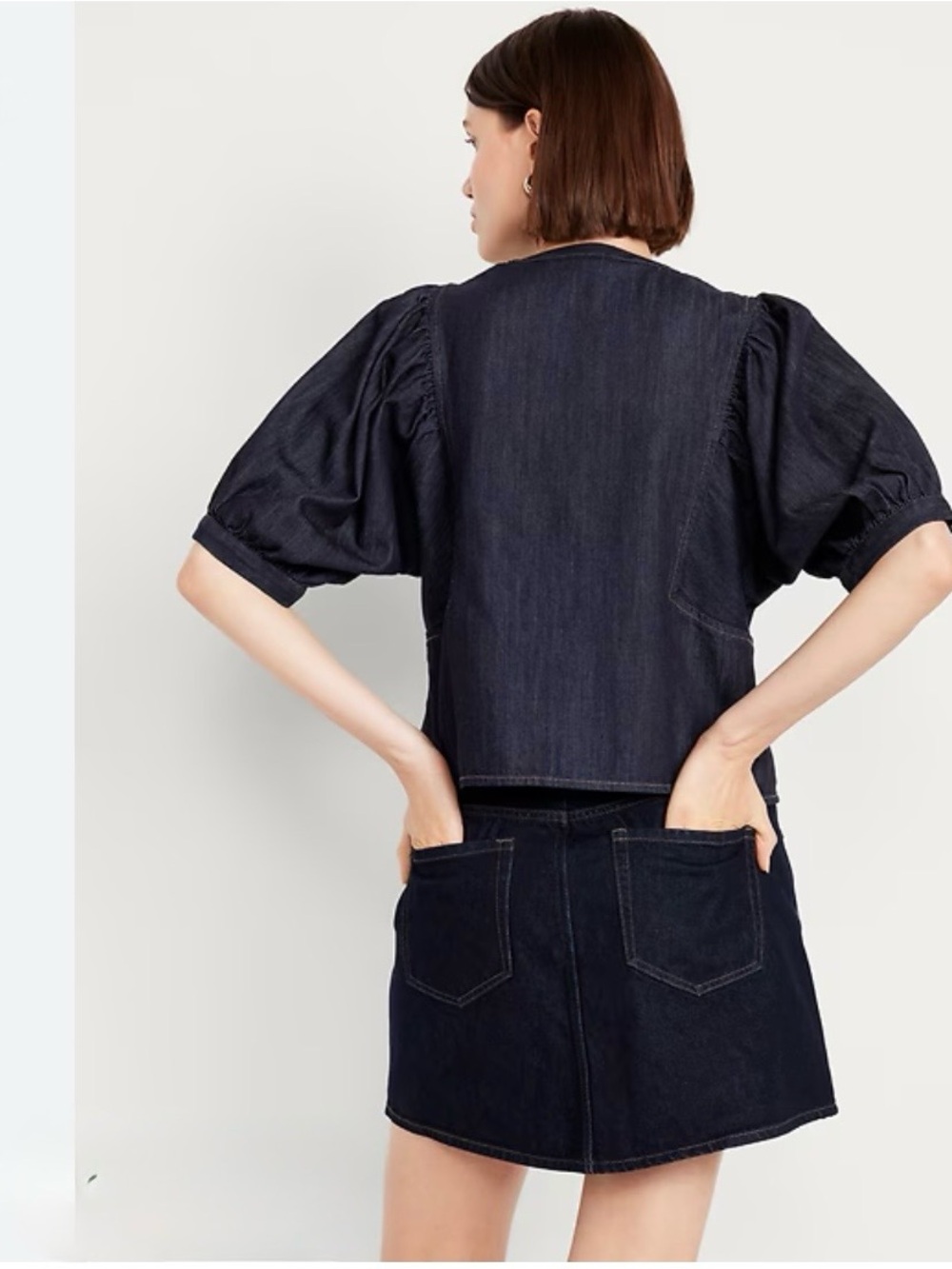 Old Navy Dark Indigo Denim Puff-Sleeve Top - Picture 2 of 6